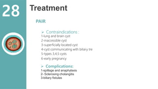 Treatment
PAIR
 Contraindications :
1-lung and brain cyst
2-inaccessible cyst
3-superficially located cyst
4-cyst communicating with biliary tre
5-types 3,4,5 cysts
6-early pregnancy
 Complications:
1-spillage and anaphylaxis
2- Sclerosing cholangitis
3-biliary fistulas
28
 