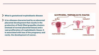 What is gestational trophoblastic disease
It is a disease characterized by an abnormal
placental development that results in the
production of
f
luid-
f
illed grapelike clusters
(instead of normal placental tissue) and a
vast proliferation of trophoblastic tissue. It
is associated with loss of the pregnancy and
rarely, the development of cancer.
 
