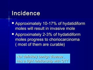  Approximately 10-17% of hydatidiformApproximately 10-17% of hydatidiform
moles will result in invasive molemoles will result in invasive mole
 Approximately 2-3% of hydatidiformApproximately 2-3% of hydatidiform
moles progress to choriocarcinomamoles progress to choriocarcinoma
( most of them are curable)( most of them are curable)
IncidenceIncidence
Not definitely benign disease ,Not definitely benign disease ,
has a tight relationship with GTThas a tight relationship with GTT
 