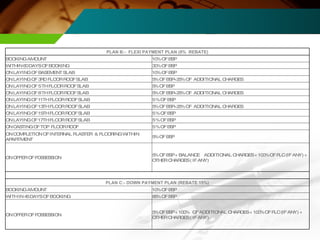 PLAN B:-  FLEXI PAYMENT PLAN (8%  REBATE) BOOKING AMOUNT 10% OF BSP  WITHIN 60 DAYS OF BOOKING 30% OF BSP  ON LAYING OF BASEMENT SLAB 10% OF BSP  ON LAYING OF 3RD FLOOR ROOF SLAB 5% OF BSP+25% OF  ADDITIONAL CHARGES ON LAYING OF 5 TH FLOOR ROOF SLAB 5% OF BSP  ON LAYING OF 8 TH FLOOR ROOF SLAB 5% OF BSP+25% OF  ADDITIONAL CHARGES ON LAYING OF 11TH FLOOR ROOF SLAB 5 % OF BSP ON LAYING OF 13TH FLOOR ROOF SLAB 5% OF BSP+25% OF  ADDITIONAL CHARGES ON LAYING OF 15TH FLOOR ROOF SLAB 5 % OF BSP ON LAYING OF 17TH FLOOR ROOF SLAB 5 % OF BSP ON CASTING OF TOP  FLOOR ROOF 5 % OF BSP ON COMPLETION OF INTERNAL PLASTER  & FLOORING WITHIN APARTMENT 5% OF BSP  ON OFFER OF POSSESSION 5% OF BSP + BALANCE  ADDITIONAL CHARGES + 100% OF PLC (IF ANY) + OTHER CHARGES ( IF ANY)   PLAN C:- DOWN PAYMENT PLAN (REBATE 15%) BOOKING AMOUNT 10% OF BSP  WITH IN 45 DAYS OF BOOKING 85% OF BSP  ON OFFER OF POSSESSION 5% OF BSP + 100%  OF ADDITIONAL CHARGES + 100% OF PLC (IF ANY) + OTHER CHARGES ( IF ANY) 
