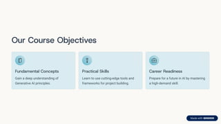 Our Course Objectives
Fundamental Concepts
Gain a deep understanding of
Generative AI principles.
Practical Skills
Learn to use cutting-edge tools and
frameworks for project building.
Career Readiness
Prepare for a future in AI by mastering
a high-demand skill.
 
