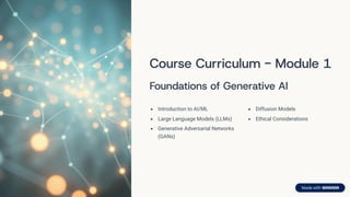 Course Curriculum - Module 1
Foundations of Generative AI
Introduction to AI/ML
Large Language Models (LLMs)
Generative Adversarial Networks
(GANs)
Diffusion Models
Ethical Considerations
 