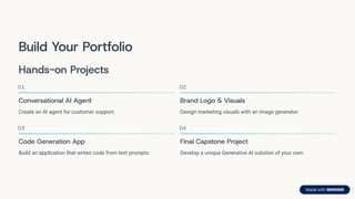 Build Your Portfolio
Hands-on Projects
01
Conversational AI Agent
Create an AI agent for customer support.
02
Brand Logo & Visuals
Design marketing visuals with an image generator.
03
Code Generation App
Build an application that writes code from text prompts.
04
Final Capstone Project
Develop a unique Generative AI solution of your own.
 