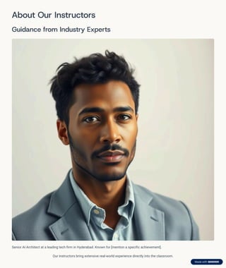About Our Instructors
Guidance from Industry Experts
Senior AI Architect at a leading tech firm in Hyderabad. Known for [mention a specific achievement].
Our instructors bring extensive real-world experience directly into the classroom.
 