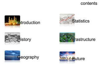 contents

Introduction

History

Geography

Statistics

infrastructure

Future

 