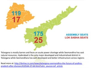 Telangana is mostly barren and faces an acute power shortage while Seemandhra has vast
natural resources. Hyderabad is the only major developed and industrialised district in
Telangana while Seemandhara has well developed and better infrastructure across regions

Read more at: http://ibnlive.in.com/news/telangana-seemandhra-the-future-of-andhrapradesh-after-division/410544-37-64.html?utm_source=ref_article

 