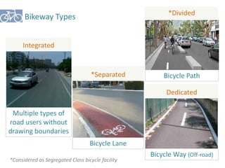 Bikeway Types 
*Divided 
Bicycle Path 
*Separated 
Bicycle Lane 
Integrated 
Multiple types of 
road users without 
drawing boundaries 
Dedicated 
Bicycle Way (Off-road) 
*Considered as Segregated Class bicycle facility 
 