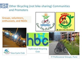 Other Bicycling (not bike-sharing) Communities 
and Promoters 
Goa Cycle Club 
Hyderabad Bicycling 
Club 
IT Professional Groups, Pune 
Groups, volunteers, 
enthusiasts, and NGOs 
 