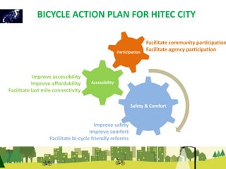 BICYCLE ACTION PLAN FOR HITEC CITY 
Safety & Comfort 
Accessibility 
Participation 
Facilitate community participation 
Facilitate agency participation 
Improve accessibility 
Improve affordability 
Facilitate last mile connectivity 
Improve safety 
Improve comfort 
Facilitate bi-cycle friendly reforms 
 