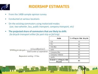 RIDERSHIP ESTIMATES 
• From the 1400-sample opinion survey 
• Conducted at various locations 
• On the existing commuters using motorized modes 
(car, two-wheeler, bus, public transport, company transport, etc) 
• The projected share of commuters that are likely to shift: 
(to bicycle transport either for part-trip or full trip) 
 