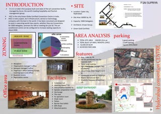 HyderabadconventionCENTRE
• SITE
 Location: Cyber city,
Hyderabad.
 Site Area: 60000 Sq. M.
 Capacity: 5000 Delegates.
 Architects: Emaar Group.
 Green Gold Certified.
INTRODUCTION
 H.I.C.C is India's first purpose-built and state-of-the-art convention facility
managed by Accor, the world's leading hospitality and Tourism
management group.
 HICC is the only Green Globe Certified Convention Centre in India.
 HICC in every aspect, be it infrastructure, service or technology,
compares with the best in the world. It has been conceived and designed
to assist in executing world class events, whether they are Conventions
for 5000 delegates, seminars for 500 or meeting for just 50. This air-
conditioned centre can be configured to increase seating capacity to
about 6500.
 TOTAL SITE AREA 128,901.01m.sq 1.guest parking
 TOTAL BUILT UP AREA, NOVOTEL $HICC 2.staff parking
 52,640.29 SQ M 3.guest entry &exit
 ACHIEVED FAR 0.408.
ZONING
 Reception
 Organisation manager’s office
 Banquet manager’s office
 Organiser’s office (waiting lounge,
meeting space and office)
 Business centre
 Registration centre
Officearea
AREA ANALYSIS parking
 Exhibition hall
 Meeting rooms * 21
 Interpretation booths* 6
 Speaker preparation room* 4
 Vip lounge
 The club
 Av operation room
 Cloak room
 Toilets
 Barrier free toilets
 Gift shops
 Attached pantry
Facilities
 Area: 6480 Sq. M.
 Can be partitioned into Six
separate halls.
 Three Level Seating.
 Eight interpreter Lounges, two
A/V Rooms.
 Use of Truss, Clear Height=12.5
M.
 Convention as well as Exhibition.
 Mobile Partitioned Wall.
 Disability Features=Wheelchair
Lift
features
P.SAI SUPRIYA
 