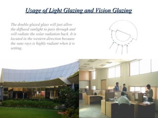 Usage of Light Glazing and Vision GlazingUsage of Light Glazing and Vision Glazing
The double glazed glass will just allow
the diffused sunlight to pass through and
will radiate the solar radiation back. It is
located in the western direction because
the suns rays is highly radiant when it is
setting.
 