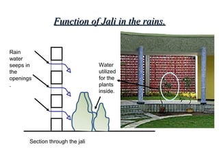 Function of Jali in the rains.Function of Jali in the rains.
Section through the jali
Rain
water
seeps in
the
openings
.
Water
utilized
for the
plants
inside.
 