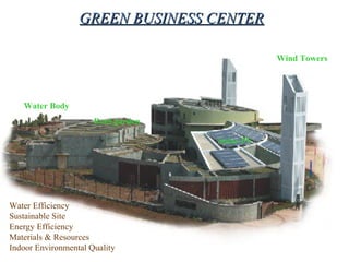 Water Efficiency
Sustainable Site
Energy Efficiency
Materials & Resources
Indoor Environmental Quality
Wind Towers
Solar PV
Water Body
Roof garden
GREEN BUSINESS CENTERGREEN BUSINESS CENTER
 