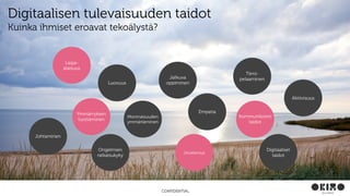 CONFIDENTIAL
Digitaalisen tulevaisuuden taidot
Kuinka ihmiset eroavat tekoälystä?
Tiimi-
pelaaminen
Ongelmien
ratkaisukyky
Moninaisuuden
ymmärtäminen
Jatkuva
oppiminenLuovuus
Joustavuus
Empatia
Digitaaliset
taidot
Kommunikointi
taidot
Laaja-
alaisuus
Ymmärryksen
tuottaminen
Aktiivisuus
Johtaminen
 