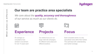 On average our
consultants have
worked in recruitment
for over 10 years each
Experience
Our clients trust us to run
large multi-role campaigns,
for different niche areas and
different locations
Projects
Whatmakesusdifferent
We care about the quality, accuracy and thoroughness
of our service as much as our clients do.
Our team are practice area specialists
5
Each consultant works in a very
specialised niche within their market.
This optimises both understanding
and market coverage.
Focus
 