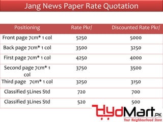 Positioning Rate Pkr/ Discounted Rate Pkr/
Front page 7cm* 1 col 5250 5000
Back page 7cm* 1 col 3500 3250
First page 7cm* 1 col 4250 4000
Second page 7cm* 1
col
3750 3500
Third page 7cm* 1 col 3250 3150
Classified 5Lines Std 720 700
Classified 3Lines Std 520 500
Jang News Paper Rate Quotation
 