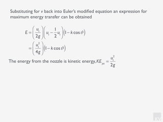 KV
Substituting for v back into Euler’s modiﬁed equation an expression for
maximum energy transfer can be obtained
E =
u1
2g
⎛
⎝⎜
⎞
⎠⎟ u1
−
1
2
u1
⎛
⎝⎜
⎞
⎠⎟ 1− kcosϑ( )
=
u1
2
4g
⎛
⎝
⎜
⎞
⎠
⎟ 1− kcosϑ( )
The energy from the nozzle is kinetic energy,KEjet
=
u1
2
2g
 