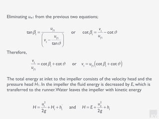 KV
Therefore,
Eliminating uw1 from the previous two equations;
The total energy at inlet to the impeller consists of the velocity head and the
pressure head H1. In the impeller the ﬂuid energy is decreased by E, which is
transferred to the runner.Water leaves the impeller with kinetic energy
tanβ1
=
uf1
v1
−
uf1
tanϑ
⎛
⎝
⎜
⎞
⎠
⎟
or cot β1
=
v1
uf1
− cotϑ
v1
uf1
= cot β1
+ cotϑ or v1
= uf1
cot β1
+ cotϑ( )
H =
u1
2
2g
+ H1
+ h1
'
and H = E +
u2
2
2g
+ h1
 