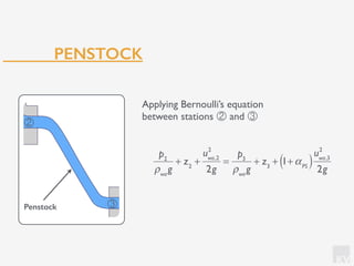 KV
PENSTOCK
②
p2
ρwa
g
+ z2
+
uwa,2
2
2g
=
p3
ρwa
g
+ z3
+ 1+αPS( )
uwa,3
2
2g
Penstock
Applying Bernoulli’s equation
between stations ② and ③
③
 