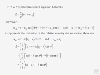 KV
E =
v
g
uw1
− uw2( )
v1 = v2 = v, therefore Euler’s equation becomes
however;
uw2
= v − ur2
cos 180 −ϑ( )= v + ur2
cosϑ and ur2
= kur1
= k u − v( )
k represents the reduction of the relative velocity due to friction, therefore
uw2
= v + k u1
− v( )cosϑ and uw1
= u1
E =
v
g
⎛
⎝⎜
⎞
⎠⎟ u1
− v − k u1
− v( )cosϑ⎡
⎣
⎤
⎦
=
v
g
⎛
⎝⎜
⎞
⎠⎟ u1
1− kcosϑ( )− v 1− kcosϑ( )⎡
⎣
⎤
⎦
=
v
g
⎛
⎝⎜
⎞
⎠⎟ u1
− v( )1− kcosϑ( )
 