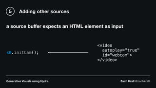 Generative Visuals using Hydra Zach Krall @zachkrall
Adding other sources5
a source buﬀer expects an HTML element as input
s0.initCam();
<video
autoplay="true"
id="webcam">
</video>
 