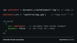 Generative Visuals using Hydra Zach Krall @zachkrall
s0.init(
{
src: myElement , // variable that holds element
dynamic: false // set true for video
}
);
var myElement = document.createElement('img'); // <img />
myElement.src = '/path/to/img.jpg'; // <img src=" " />
 