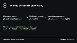 Generative Visuals using Hydra Zach Krall @zachkrall
Sharing across rtc-patch-bay6
pb.setName("zachpb")
Share your output
pb.list()
Find other outputs
s0.initSource("zachpb")
Use stream as source
→ →
Must be connected to the same hydra server
e.g. localhost:8000 → http://192.1.1.10:8000
 