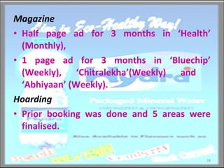 Magazine Half page ad for 3 months in ‘Health’ (Monthly), 1 page ad for 3 months in ‘Bluechip’ (Weekly), ‘Chitralekha’(Weekly) and  ‘Abhiyaan’ (Weekly). Hoarding Prior booking was done and 5 areas were finalised. 