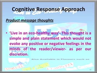 Cognitive Response Approach Product message thoughts ‘ Live in an eco-healthy way’- This thought is a simple and plain statement which would not evoke any positive or negative feelings in the minds of the reader/viewer- as per our discretion. 