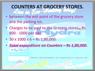 COUNTERS AT GROCERY STORES. between the exit point of the grocery store and the parking lot. Charges to be paid to the Grocery stores - Rs 800 - 1000 per day. 30 x 1000 x 6 = Rs 1,80,000. Total expenditure on Counters – Rs 1,80,000. 