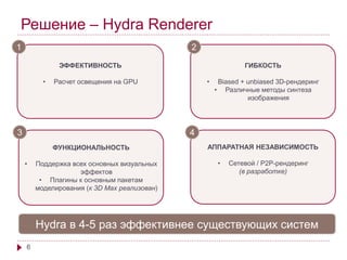 Решение – Hydra Renderer 
1 2 
3 4 
6 
ЭФФЕКТИВНОСТЬ 
• Расчет освещения на GPU 
ГИБКОСТЬ 
• Biased + unbiased 3D-рендеринг 
• Различные методы синтеза 
изображения 
ФУНКЦИОНАЛЬНОСТЬ 
• Поддержка всех основных визуальных 
эффектов 
• Плагины к основным пакетам 
моделирования (к 3D Max реализован) 
АППАРАТНАЯ НЕЗАВИСИМОСТЬ 
• Сетевой / P2P-рендеринг 
(в разработке) 
Hydra в 4-5 раз эффективнее существующих систем 
 