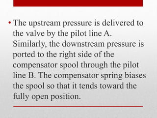 • The upstream pressure is delivered to
the valve by the pilot line A.
Similarly, the downstream pressure is
ported to the right side of the
compensator spool through the pilot
line B. The compensator spring biases
the spool so that it tends toward the
fully open position.
 