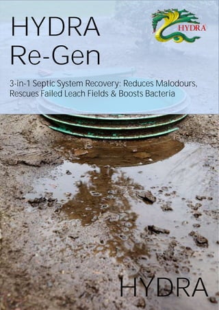 HYDRA 
HYDRA 
Re-Gen 
3-in-1 Septic System Recovery: Reduces Malodours, Rescues Failed Leach Fields & Boosts Bacteria  
