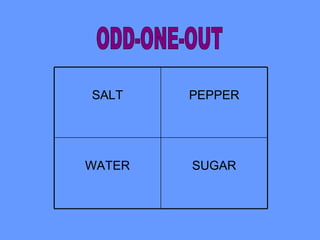 ODD-ONE-OUT SUGAR WATER PEPPER SALT 