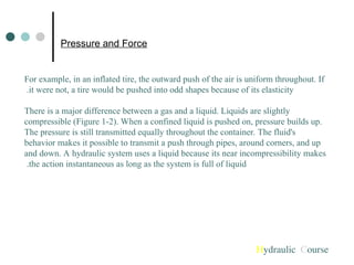 For example, in an inflated tire, the outward push of the air is uniform throughout. If
it were not, a tire would be pushed into odd shapes because of its elasticity
.
There is a major difference between a gas and a liquid. Liquids are slightly
compressible (Figure 1-2). When a confined liquid is pushed on, pressure builds up.
The pressure is still transmitted equally throughout the container. The fluid's
behavior makes it possible to transmit a push through pipes, around corners, and up
and down. A hydraulic system uses a liquid because its near incompressibility makes
the action instantaneous as long as the system is full of liquid
.
Hydraulic Course
Pressure and Force
 