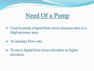 Need Of a Pump
 Used to pump a liquid from lower pressure area to a
High pressure area.
 To increase Flow rate.
 To move liquid from lower elevation to higher
elevation.
 