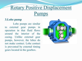 Rotary Positive Displacement
Pumps
3.Lobe pump
Lobe pumps are similar
to external gear pumps in
operation in that fluid flows
around the interior of the
casing. Unlike external gear
pumps, however, the lobes do
not make contact. Lobe contact
is prevented by external timing
gears located in the gearbox.
 