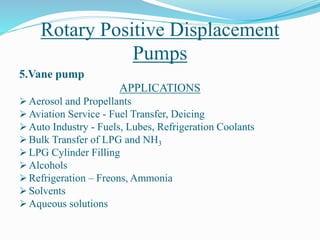 Rotary Positive Displacement
Pumps
5.Vane pump
APPLICATIONS
 Aerosol and Propellants
 Aviation Service - Fuel Transfer, Deicing
 Auto Industry - Fuels, Lubes, Refrigeration Coolants
 Bulk Transfer of LPG and NH3
 LPG Cylinder Filling
 Alcohols
 Refrigeration – Freons, Ammonia
 Solvents
 Aqueous solutions
 