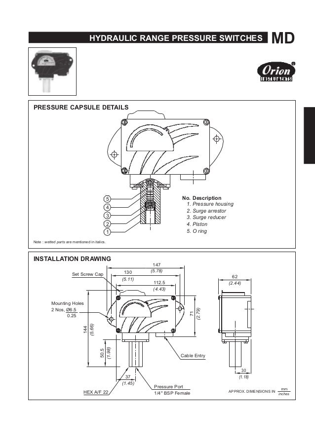 Hydraulic Range Piston type Pressure Switches MD Series
