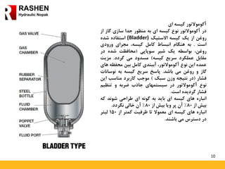 10
RASHEN
Hydraulic Nopak
‫آکوموالتور‬‫کیسه‬‫ای‬
‫در‬‫آکوموالتور‬‫نوع‬‫کیسه‬‫ای‬‫به‬‫منظور‬‫جدا‬‫سازی‬‫گاز‬‫ا‬‫ز‬
‫روغن‬‫از‬‫یک‬‫کیسه‬‫االستیک‬(Bladder)‫استفاده‬‫شده‬
‫است‬.‫به‬‫هنگام‬‫انبساط‬‫کامل‬،‫کیسه‬‫مجرای‬‫ورودی‬
،‫روغن‬‫بواسطه‬‫یک‬‫شیر‬‫سوپاپی‬(‫محافظت‬‫شده‬‫در‬
‫مقابل‬‫عملکرد‬‫سریع‬‫کیسه‬)‫مسدود‬‫می‬‫گردد‬.‫مزیت‬
‫عمده‬‫این‬‫نوع‬‫آکوموالتور‬،‫آببندی‬‫کامل‬‫بین‬‫محفظ‬‫ه‬‫های‬
‫گاز‬‫و‬‫روغن‬‫می‬‫باشد‬.‫پاسخ‬‫سریع‬‫کیسه‬‫به‬‫نوسانا‬‫ت‬
‫فشار‬(‫در‬‫نتیجه‬‫وزن‬‫سبک‬)‫موجب‬‫کاربرد‬‫مناسب‬‫ای‬‫ن‬
‫نوع‬‫آکوموالتور‬‫در‬‫سیستمهای‬‫جاذب‬‫ضربه‬‫و‬‫تنظیم‬
‫فشار‬‫گردیده‬‫است‬.
‫انباره‬‫های‬‫کیسه‬‫ای‬‫باید‬‫به‬‫گونه‬‫ای‬‫طراحی‬‫شوند‬‫ک‬‫ه‬
‫بیش‬‫از‬80%‫آن‬‫پر‬‫ویا‬‫بیش‬‫از‬80%‫آن‬‫خالی‬‫نگردد‬.
‫انباره‬‫های‬‫کیسه‬‫ای‬‫معموال‬‫تا‬‫ظرفیت‬‫کمتر‬‫از‬150‫لیتر‬
‫در‬‫دسترس‬‫می‬‫باشند‬.
 