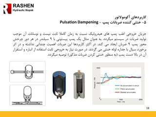 18
RASHEN
Hydraulic Nopak
‫کاربردهای‬‫آکوموالتور‬
5-‫ضربانات‬ ‫کننده‬ ‫خنثی‬‫پمپ‬-Pulsation Dampening
‫جریان‬‫خروجی‬‫اغلب‬‫پمپ‬‫های‬‫هیدرولیک‬‫نسبت‬‫به‬‫زمان‬‫کامال‬‫ثابت‬‫نیست‬‫و‬‫نوسانات‬‫آن‬‫موجب‬
‫تولید‬‫ضربات‬‫در‬‫سیستم‬‫میگردد‬.‫به‬‫عنوان‬‫مثال‬‫یک‬‫پمپ‬‫پیستونی‬‫با‬9‫سیلندر‬‫در‬‫هر‬‫دور‬‫چرخش‬
‫محور‬‫پمپ‬9‫ضربان‬‫ایجاد‬‫می‬‫کند‬.‫در‬‫اکثر‬‫کاربردها‬‫این‬‫ضربات‬‫اهمیت‬‫چندانی‬‫نداشته‬‫و‬‫در‬‫اثر‬
‫برخورد‬‫سیال‬‫با‬‫جداره‬‫لوله‬‫خنثی‬‫می‬‫گردند‬.‫در‬‫صورت‬‫نیاز‬‫به‬‫خروجی‬‫ثابت‬‫استفاده‬‫از‬‫انباره‬‫و‬‫استقرار‬
‫آن‬‫در‬‫باال‬‫دست‬‫پمپ‬(‫به‬‫منظور‬‫خنثی‬‫کردن‬‫ضربات‬‫مذکور‬)‫توصیه‬‫میگردد‬.
 