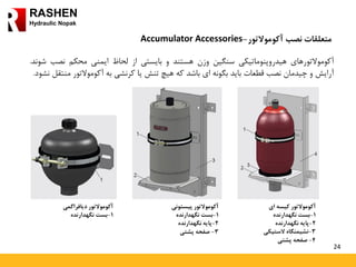 24
RASHEN
Hydraulic Nopak
‫آکوموالتور‬ ‫نصب‬ ‫متعلقات‬-Accumulator Accessories
‫آکوموالتورهای‬‫هیدروپنوماتیکی‬‫سنگین‬‫وزن‬‫هستند‬‫و‬‫بایستی‬‫از‬‫لحاظ‬‫ایمنی‬‫محکم‬‫نصب‬‫شوند‬.
‫آرایش‬‫و‬‫چیدمان‬‫نصب‬‫قطعات‬‫باید‬‫بگونه‬‫ای‬‫باشد‬‫که‬‫هیچ‬‫تنش‬‫یا‬‫کرنشی‬‫به‬‫آکوموالتور‬‫م‬‫نتقل‬‫نشود‬.
‫ای‬ ‫کیسه‬ ‫آکوموالتور‬
1-‫نگهدارنده‬ ‫بست‬
2-‫نگهدارنده‬ ‫پایه‬
3-‫الستیکی‬ ‫نشیمنگاه‬
4-‫پشتی‬ ‫صفحه‬
‫پیستونی‬ ‫آکوموالتور‬
1-‫نگهدارنده‬ ‫بست‬
2-‫نگهدارنده‬ ‫پایه‬
3-‫پشتی‬ ‫صفحه‬
‫دیافراگمی‬ ‫آکوموالتور‬
1-‫نگهدارنده‬ ‫بست‬
 