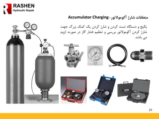 25
RASHEN
Hydraulic Nopak
‫آکوموالتور‬ ‫شارژ‬ ‫متعلقات‬-Accumulator Charging
‫پکیج‬‫و‬‫دستگاه‬‫تست‬‫کردن‬‫و‬‫شارژ‬‫کردن‬‫یک‬‫کمک‬‫بزرگ‬‫جهت‬
‫شارژ‬‫کردن‬‫آکوموالتور‬‫بررسی‬‫و‬‫تنظیم‬‫فشار‬‫گاز‬‫در‬‫صورت‬‫لزوم‬
‫می‬‫باشد‬.
 