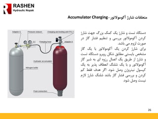 26
RASHEN
Hydraulic Nopak
‫آکوموالتور‬ ‫شارژ‬ ‫متعلقات‬-Accumulator Charging
‫دستگاه‬‫تست‬‫و‬‫شارژ‬‫یک‬‫کمک‬‫بزرگ‬‫جهت‬‫ش‬‫ارژ‬
‫کردن‬‫آکوموالتور‬‫بررسی‬‫و‬‫تنظیم‬‫فشار‬‫گاز‬‫در‬
‫صورت‬‫لزوم‬‫می‬‫باشد‬.
‫برای‬‫شارژ‬‫کردن‬‫یک‬‫آکوموالتور‬‫با‬‫یک‬‫گاز‬
‫مشخص‬‫بایستی‬‫مطابق‬‫شکل‬‫روبرو‬‫دستگ‬‫اه‬‫تست‬
‫و‬‫شارژ‬‫از‬‫طریق‬‫یک‬‫اتصال‬‫رزوه‬‫ای‬‫به‬‫شیر‬‫گا‬‫ز‬
‫آکوموالتور‬‫و‬‫با‬‫یک‬‫شلنگ‬‫انعطاف‬‫پذیر‬‫به‬‫یک‬
‫کپسول‬‫نیتروژن‬‫وصل‬‫شود‬.‫اگر‬‫هدف‬‫فقط‬‫ک‬‫م‬
‫کردن‬‫و‬‫بررسی‬‫فشار‬‫گاز‬‫باشد‬‫شلنگ‬‫شارژ‬‫ال‬‫زم‬
‫نیست‬‫وصل‬‫شود‬.
 