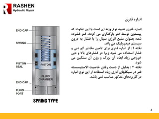 4
RASHEN
Hydraulic Nopak
‫انباره‬‫فنری‬
‫انباره‬‫فنری‬‫شبیه‬‫نوع‬‫وزنه‬‫ای‬‫است‬‫با‬‫این‬‫تفاو‬‫ت‬‫که‬
‫پیستون‬‫توسط‬‫فنر‬‫بارگذاری‬‫می‬‫گردد‬.‫فنر‬‫فش‬‫رده‬
‫شده‬‫بعنوان‬‫منبع‬‫انرژی‬‫سیال‬‫را‬‫با‬‫فشار‬‫به‬‫درو‬‫ن‬
‫سیستم‬‫هیدرولیک‬‫می‬‫راند‬.
‫نکته‬1:‫از‬‫انباره‬‫فنری‬‫برای‬‫تامین‬‫مقادیر‬‫کم‬‫دبی‬‫و‬
‫فشار‬‫استفاده‬‫می‬‫شود‬‫زیرا‬‫در‬‫فشارهای‬‫باال‬‫و‬‫دب‬‫ی‬
‫خروجی‬‫زیاد‬‫ابعاد‬‫آن‬‫بزرگ‬‫و‬‫وزن‬‫آن‬‫سنگین‬‫می‬
‫شود‬.
‫نکته‬2:‫بدلیل‬‫از‬‫دست‬‫رفتن‬‫خاصیت‬‫االستیسس‬‫ته‬
‫فنر‬‫در‬‫سیکلهای‬‫کاری‬‫زیاد‬‫استفاده‬‫از‬‫این‬‫نوع‬‫ا‬‫نباره‬
‫در‬‫کاربردهای‬‫مذکور‬‫مناسب‬‫نمی‬‫باشد‬.
 