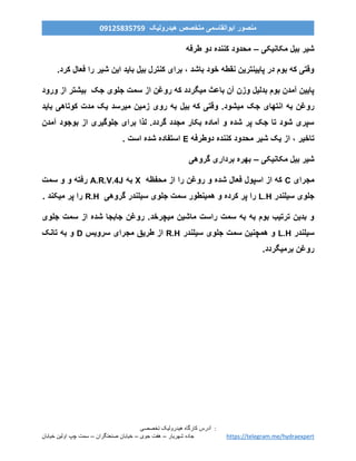 ‫ه‬ ‫کارگاه‬ ‫آدرس‬‫ی‬‫درول‬‫ی‬‫ک‬‫تخصص‬‫ی‬ :
‫خیابان‬ ‫اولین‬ ‫چپ‬ ‫سمت‬ – ‫صنعتگران‬ ‫خیابان‬ – ‫جوی‬ ‫هفت‬ – ‫شهریار‬ ‫جاده‬ https://telegram.me/hydraexpert
‫هیدرولیک‬ ‫متخصص‬ ‫ابوالقاسمی‬ ‫منصور‬90759859190
‫مکانیکی‬ ‫بیل‬ ‫شیر‬–‫طرفه‬ ‫دو‬ ‫کننده‬ ‫محدود‬
.‫کرد‬ ‫فعال‬ ‫را‬ ‫شیر‬ ‫این‬ ‫باید‬ ‫بیل‬ ‫کنترل‬ ‫برای‬ ، ‫باشد‬ ‫خود‬ ‫نقطه‬ ‫پایینترین‬ ‫در‬ ‫بوم‬ ‫که‬ ‫وقتی‬
‫ورود‬ ‫از‬ ‫بیشتر‬ ‫جک‬ ‫جلوی‬ ‫سمت‬ ‫از‬ ‫روغن‬ ‫که‬ ‫میگردد‬ ‫باعث‬ ‫آن‬ ‫وزن‬ ‫بدلیل‬ ‫بوم‬ ‫آمدن‬ ‫پایین‬
‫جک‬ ‫انتهای‬ ‫به‬ ‫روغن‬‫باید‬ ‫کوتاهی‬ ‫مدت‬ ‫یک‬ ‫میرسد‬ ‫زمین‬ ‫روی‬ ‫به‬ ‫بیل‬ ‫که‬ ‫وقتی‬ .‫میشود‬
‫آمدن‬ ‫بوجود‬ ‫از‬ ‫جلوگیری‬ ‫برای‬ ‫لذا‬ .‫گردد‬ ‫مجدد‬ ‫بکار‬ ‫آماده‬ ‫و‬ ‫شده‬ ‫پر‬ ‫جک‬ ‫تا‬ ‫شود‬ ‫سپری‬
‫کنن‬ ‫محدود‬ ‫شیر‬ ‫یک‬ ‫از‬ ، ‫تاخیر‬‫دوطرفه‬ ‫ده‬E. ‫است‬ ‫شده‬ ‫استفاده‬
‫مکانیکی‬ ‫بیل‬ ‫شیر‬–‫گروهی‬ ‫برداری‬ ‫بهره‬
‫مجرای‬C‫محفظه‬ ‫از‬ ‫را‬ ‫روغن‬ ‫و‬ ‫شده‬ ‫فعال‬ ‫اسپول‬ ‫از‬ ‫که‬X‫به‬A.R.V.4J‫سمت‬ ‫و‬ ‫و‬ ‫رفته‬
‫سیلندر‬ ‫جلوی‬L.H‫گروهی‬ ‫سیلندر‬ ‫جلوی‬ ‫سمت‬ ‫همینطور‬ ‫و‬ ‫کرده‬ ‫پر‬ ‫را‬R.H. ‫میکند‬ ‫پر‬ ‫را‬
‫جلوی‬ ‫سمت‬ ‫از‬ ‫شده‬ ‫جابجا‬ ‫روغن‬ .‫میچرخد‬ ‫ماشین‬ ‫راست‬ ‫سمت‬ ‫به‬ ‫به‬ ‫بوم‬ ‫ترتیب‬ ‫بدین‬ ‫و‬
‫سیلندر‬L.H‫سیلندر‬ ‫جلوی‬ ‫سمت‬ ‫همچنین‬ ‫و‬R.H‫طریق‬ ‫از‬‫سرویس‬ ‫مجرای‬D‫تانک‬ ‫به‬ ‫و‬
‫برمیگردد‬ ‫روغن‬.
 