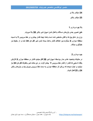 ‫ه‬ ‫کارگاه‬ ‫آدرس‬‫ی‬‫درول‬‫ی‬‫ک‬‫تخصص‬‫ی‬ :
‫خیابان‬ ‫اولین‬ ‫چپ‬ ‫سمت‬ – ‫صنعتگران‬ ‫خیابان‬ – ‫جوی‬ ‫هفت‬ – ‫شهریار‬ ‫جاده‬ https://telegram.me/hydraexpert
‫هیدرولیک‬ ‫متخصص‬ ‫ابوالقاسمی‬ ‫منصور‬90759859190
42‫بر‬ ‫باال‬ ‫سیلندر‬
42‫باالبر‬ ‫سیلندر‬
‫بهره‬ ‫باال‬‫برداری‬1
‫باالبر‬ ‫شیر‬ ‫اسپول‬ ‫شدن‬ ‫فعال‬ ‫با‬ ‫دستگاه‬ ‫بازوهای‬ ‫بعدی‬ ‫تصویر‬ ‫طبق‬3B.‫میروند‬ ‫باال‬
‫سرویس‬ ‫خط‬ ‫در‬ ‫بیشتری‬ ‫فشار‬ ‫ایجاد‬ ‫باعث‬ ‫است‬ ‫شده‬ ‫مشخص‬ ‫فلش‬ ‫با‬ ‫که‬ ‫بیل‬ ‫داخل‬ ‫بار‬ ‫وزن‬Y‫نسبت‬ ‫به‬
‫موازی‬ ‫محفظه‬X‫باعث‬ ‫فشار‬ ‫اختالف‬ ‫میگردد.این‬‫کن‬ ‫قفل‬ ‫شیر‬ ‫شدن‬ ‫بسته‬3H‫بار‬ ‫سقوط‬ ‫از‬ ‫و‬ ‫شده‬
.‫میکند‬ ‫جلوگیری‬
‫برداری‬ ‫بهره‬4
‫شیر‬ ‫اسپول‬ ‫بواسطه‬ ‫مدار‬ ‫عادی‬ ‫وضعیت‬ ‫حالیکه‬ ‫در‬3B‫موازی‬ ‫محفظه‬ ‫در‬ ‫فشار‬ ‫میشود‬ ‫قفل‬X‫افزایش‬
‫سرویس‬ ‫خط‬ ‫فشار‬ ‫از‬ ‫فشار‬ ‫که‬ ‫جایی‬ ‫تا‬ ‫یافته‬Y‫کن‬ ‫قفل‬ ‫یکطرفه‬ ‫شیر‬ ‫حالت‬ ‫این‬ ‫در‬ .‫گردد‬ ‫بیشتر‬3H‫باز‬
‫باالبر‬ ‫بازوهای‬ ‫و‬ ‫یابد‬ ‫جریان‬ ‫سرویس‬ ‫خط‬ ‫سمت‬ ‫به‬ ‫موازی‬ ‫محفظه‬ ‫اتز‬ ‫روغن‬ ‫که‬ ‫میدهد‬ ‫اجازه‬ ‫و‬ ‫میشود‬
42‫و‬42.‫شوند‬ ‫فعال‬
 