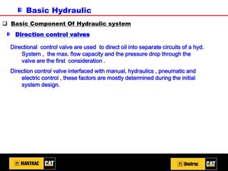 Basic Hydraulic
❑ Basic Component Of Hydraulic system
Direction control valves
Directional control valve are used to direct oil into separate circuits of a hyd.
System , the max. flow capacity and the pressure drop through the
valve are the first consideration .
Direction control valve interfaced with manual, hydraulics , pneumatic and
electric control , these factors are mostly determined during the initial
system design.
 