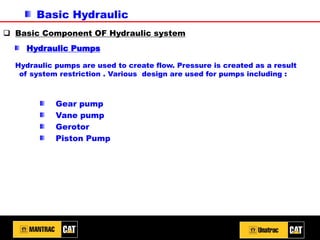 Basic Hydraulic
❑ Basic Component OF Hydraulic system
Hydraulic Pumps
Hydraulic pumps are used to create flow. Pressure is created as a result
of system restriction . Various design are used for pumps including :
Gear pump
Vane pump
Gerotor
Piston Pump
 